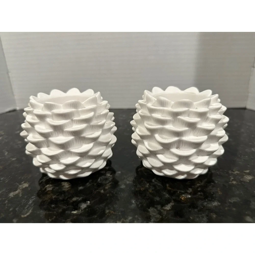 2 White Ceramic Pinecone Shaped Votive Holders